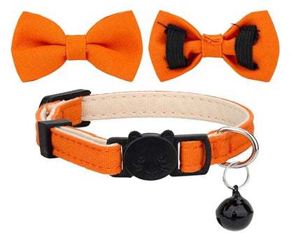 Cat Collar with Bow Tie Bell Breakaway Bowtie 2pcs Set Spring Plaid Flower Floral Solid Boy Girl Cute Kitten Safety B [Plaid & Solid] Orange - color: B [Plaid & Solid] Orange
