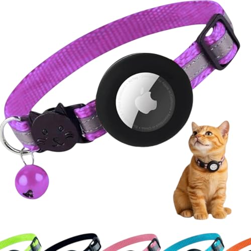 AirTag Cat Collar Breakaway with Apple Air Tag Holder & Bell - Reflective Adjustable Kitten Collar, Lightweight Nylon Safety Release Buckle for Boy Girl Cats, Indoor Outdoor (Fits 8-11 in) - color: Purple