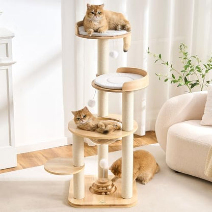 797Audio Modern Solid Wood Cat Tree Tower, 49" Tall Cat Tree with Sisal Scratching Posts and Capsule for Adult Cats, Natural Oak Wooden Cat Tower,Aesthetic Multi-Level Cat Climbing Tree for Indoor Cat - color: 49 Inch-Turntable Toy