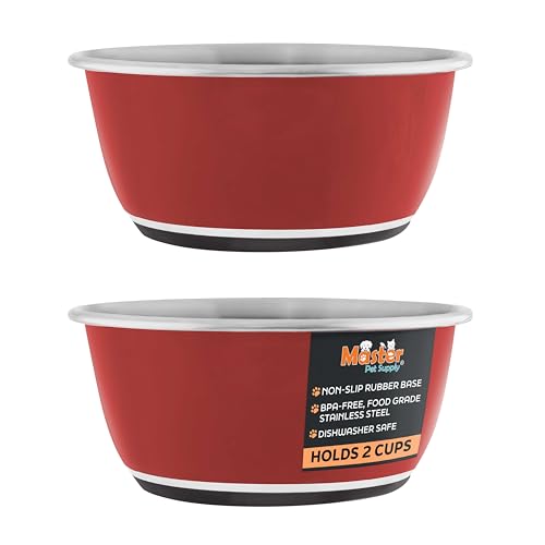 Master Pet Supply Stainless Steel Dog Bowls Set of 2 (16 Oz Each) with Non-Slip Rubber Base - Crimson Flame - Basic Dog Food Bowl Water & Food Bowls for Small Medium Large Dogs & Cats, Metal Dish - color: Crimson Flame, size: 2 Cups (16 oz) 2 Pack