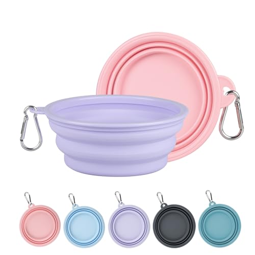 Collapsible Dog Bowls for Travel, 2Pack Dog Portable Water Bowl, Foldable Pet Food Bowl with Clasp, Pet Cat Feeding Cup Dish for Traveling, Walking, Hiking - color: Lavender & Pink, size: Small