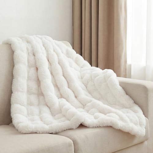 Leximan Cozy Faux Fur Throw Blanket for Couch, Reversible Plush Fluffy Decorative Bubble Throw for Sofa and Living Room, Soft Lap Blanket for Bed, Dog & Cat (White, 40''x50'') - color: White, size: 40''x50''