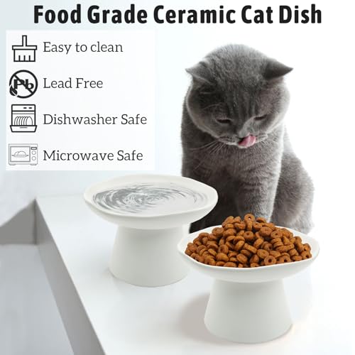 VCEPJH Raised Cat Food Bowls Shallow Cat Plate Pack of 2 Ceramic Elevated Cats Dish 6.1in Flat Anti Whisker Fatigue Wide Pet Food & Water Feeder for Indoor Kitty Kitten (White) - color: White