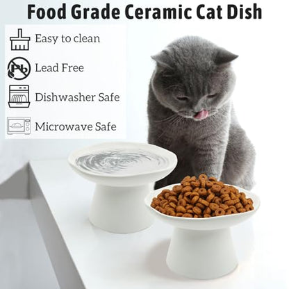 VCEPJH Raised Cat Food Bowls Shallow Cat Plate Pack of 2 Ceramic Elevated Cats Dish 6.1in Flat Anti Whisker Fatigue Wide Pet Food & Water Feeder for Indoor Kitty Kitten (White) - color: White