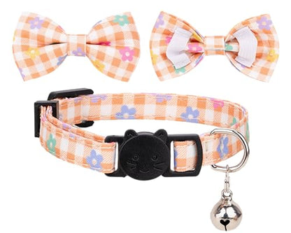 Cat Collar with Bow Tie Bell Breakaway Bowtie 2pcs Set Spring Plaid Flower Floral Solid Boy Girl Cute Kitten Safety B [Plaid & Solid] Orange - color: B [Plaid & Solid] Orange