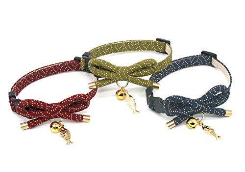 Cute Bowtie Cat Collar with Bell. Japanese Stylish Bowknot & Fish Charm. Safety Breakaway, Soft, Lightweight, for Girl Boy Male Female Cats Kitten,Green - color: Tea Green, size: Medium (8-12 inches)