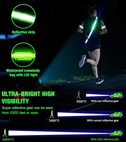 Ylzzrs LED Belt Reflective Sash for Walking at Night,High Visibility Adjustable Night Running Safety Gear,Light Up Running Belt Reflective Gear with Phone Bag/Armband for Runners Walkers Men Women - color: Green
