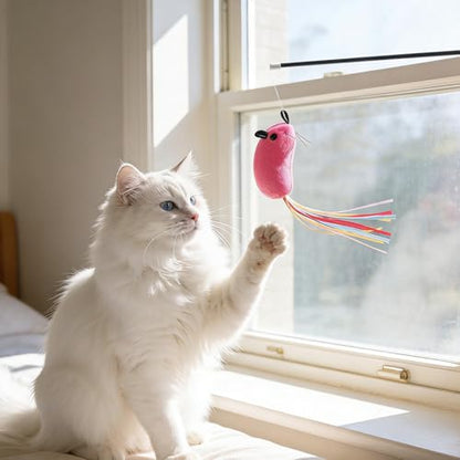 5PCS Premium Catwandtoy Accessories with Ribbons, Cat Mouse Toy for Indoor Catkitten Play Flopping Toy Filled Soft Plush Interactive No Catnip Feline Chew Plaything for Indoor Cats Kitten Exercise
