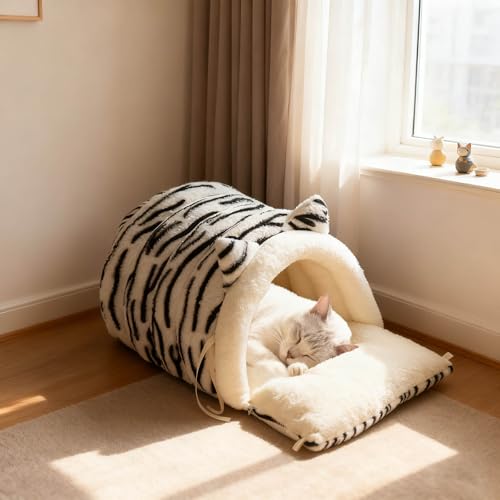 Washable Cat Bed - Warm Plush Washable Non-Slip | Semi-Enclosed Kitten Bed Cat Furniture,for Kitten Puppy Pet Sleeping Calming Cold Weather Indoor Home Decor Apartment Living Room (White) - color: White