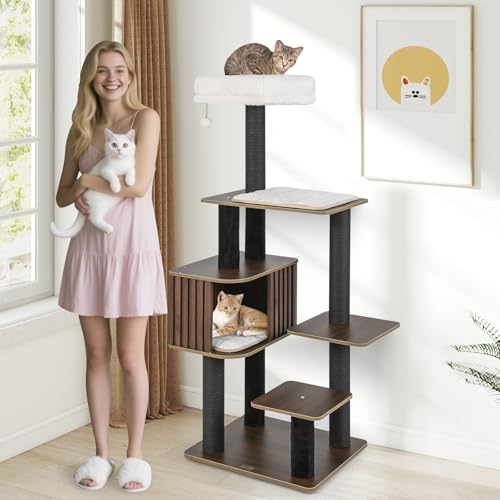 PETSITE 59.5 Inches Modern Cat Tree, Multi-Level Cat Tower with Scratching Posts, Large Condo with Removable Pad, Cushioned Soft Top Perch, and Interactive Dangling Ball (Brown) - color: Brown