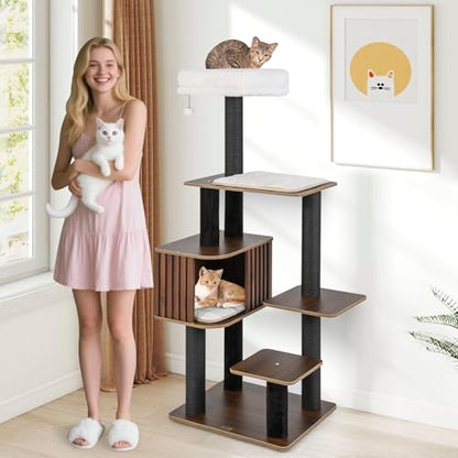 PETSITE 59.5 Inches Modern Cat Tree, Multi-Level Cat Tower with Scratching Posts, Large Condo with Removable Pad, Cushioned Soft Top Perch, and Interactive Dangling Ball (Brown) - color: Brown