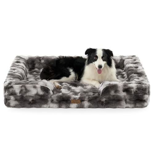 COZY KISS Orthopedic Dog Bed for Extra Large Dog, Soft and Warm Faux Fur Sofa for Giant Pet Up to 150 lbs, Foam Bolster Anti-Slip Couch with Washable Removable Cover, XXL 48x35x8 inch, Tie Dye Grey - color: Tie-dye Grey, size: 48x35x8 inch