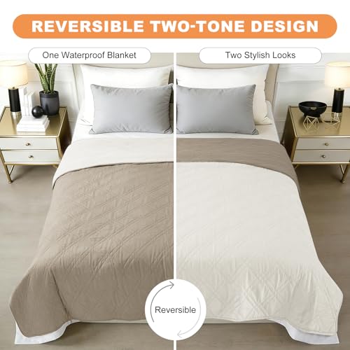 100% Waterproof Dog Bed Cover Pet Blanket 68"x82", 7-Layer Reversible Washable Bed Mat for Furniture Couch Sofa Car (Khaki+Off White)