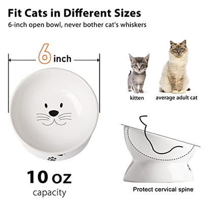 Cat Food Bowls, 10 OZ Elevated Cat Bowls for Cats and Small Dogs, Tilted Pet Feeder Bowl with Raised Stand Protect Cat's Spine, Ceramic Cat Water Bowl No-Spill, Stress Free Cat Dish 1pcs - color: White*1