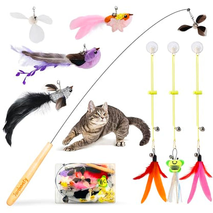 Flying Bird Cat Toy,8Pcs Durable Interactive Cats Wand Replacements,Hanging Cat Toy Suitable for Bored Indoor Cats Self Play - style: 12 Hanging /Bird /Wand