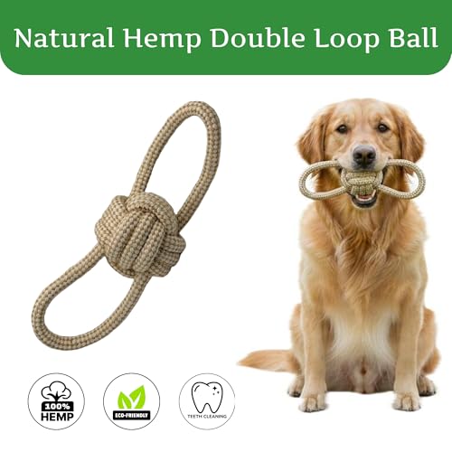 Natural Hemp Dog Rope Toy, Durable Chew and Tug Toy for Medium and Large Dogs, Biodegradable Dental Cleaning Pet Toy (Double Loop Ball) - size: Double Loop Ball