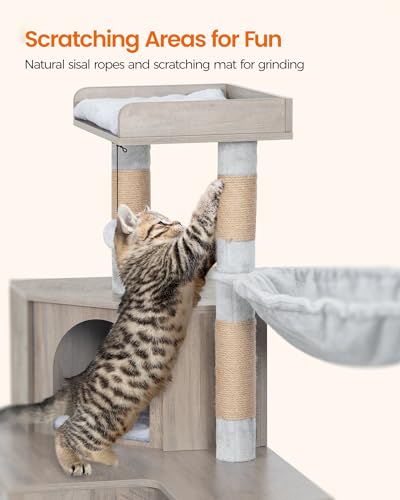 Hzuaneri Cat Litter Box Enclosure with Cat Tree, 4-in-1 Modern Cats House with Large Platform, Cats Condo with Sisal Scratching Mat, Posts, Stairs and Pompom, Washable Cushions, Greige CB81005B - color: Greige