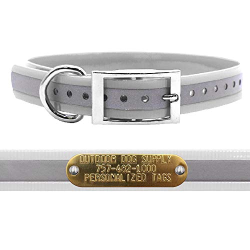 Outdoor Dog Supply 1" Heavy Duty Reflective Waterproof D-Ring Dog Collar for Medium & Large Dogs with 3/4" Custom Brass Nameplate (Reflective White, 18") - color: Reflective White, size: 18" Long
