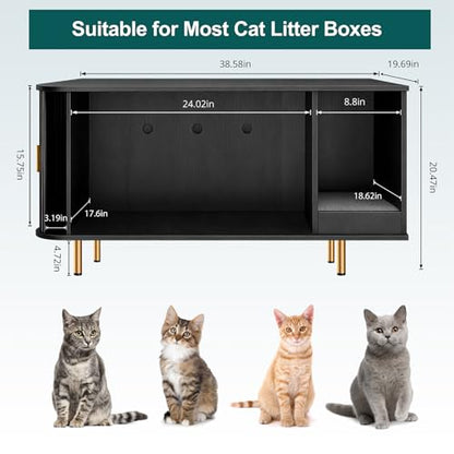 DHH Cat Litter Box Enclosure with Scratch Pad, Sliding Door, 38.5" Cat Litter Furniture Hidden Litter Box Cabinet, Modern Indoor Cat House, TV Stand, Side End Table for Living Room(Black) - color: Black