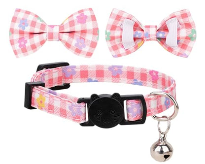 Cat Collar with Bow Tie Bell Breakaway Bowtie 2pcs Set Spring Plaid Flower Floral Solid Boy Girl Cute Kitten Safety B [Plaid & Solid] Pink - color: B [Plaid & Solid] Pink