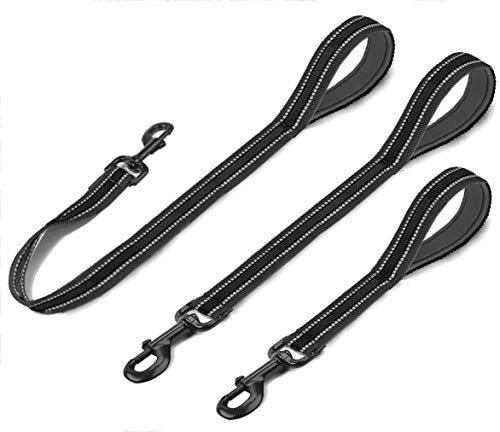Cymiler Nylon Short Traffic Leash with Padded Handle, 3 Sizes - Small to Large, Reflective Threads - Black - color: Wide-Black