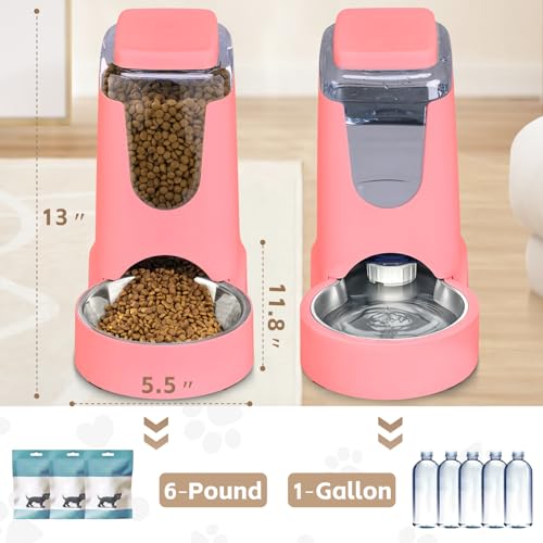 Automatic Cat Feeder and Water Dispenser with Stainless Steel Bowl Dog Gravity Food Feeder and Waterer for Small Medium Pets Puppy Kitten 1 Gallon x 2 - color: Pink（3.8L*2）