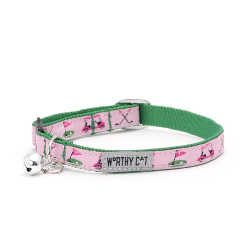 THE WORTHY DOG Golf Cat Collar with Bell, Adjustable Nylon Safety Collar, Pink, One Size - color: Pink-Golf