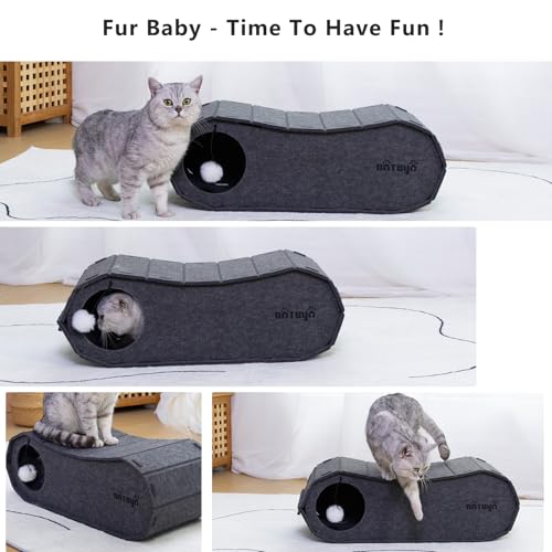 NATUYA Cat Bed Cave for Indoor Cats, Large Cat Lounge Cave Bed with Toy Ball, Enclosed Scratch Resistant Detachable Felt Cat Hideaway Bed for Cats up to 22 Lbs