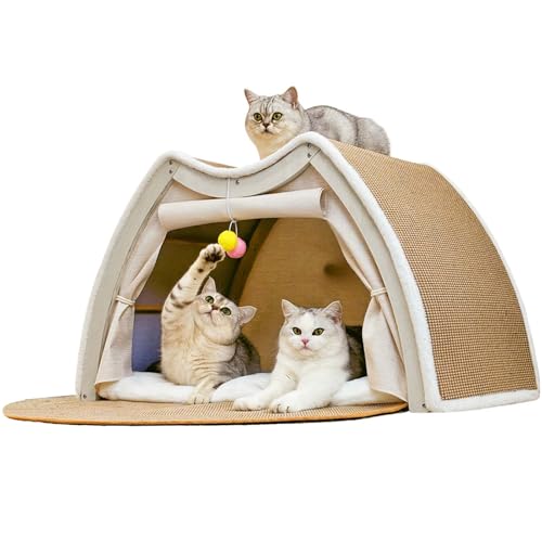 Cat Houses for Indoor Cats - 4 Seasons Cat Bed Cave with Natural Sisal Cat Scratcher Mat, Solid Wood Frame Cat House with Curtains and Cat Floor Scratching Pad Rug, Protect Couch and Carpets, M