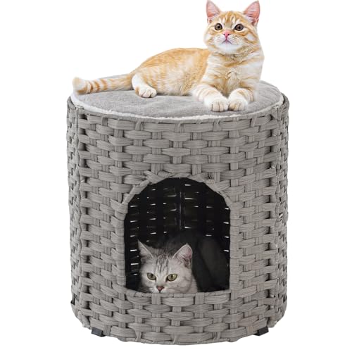 SETVSON Cat House for Indoor Cat, Large Double Cat Houses Cat Bed Cave, Handwoven Rattan Pet Beds with One Soft Pad, 17 x 17 x 17 Inches Foldable Kitten Hideaway in Living Room Gray - color: Gray, size: Round-XL