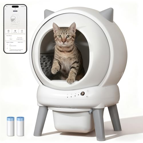 Self Cleaning Litter Box for Multiple Cats, E2 Automatic Cat Litter Box, Self-Cleaning Robot with Smart APP Control and Health Monitoring, Includes 2 Roll Trash Bag and Litter Mat, White-Grey - color: White-Grey