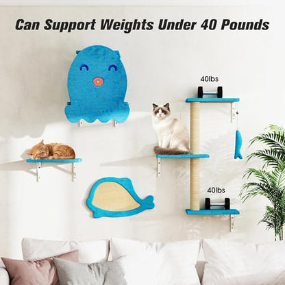 5 Pcs Wall-Mounted Climber Set, Wood Indoor with Shelves and Perches, Ladder, Condo House, Scratching Board and Tree, Wall Shelves Furniture for Cats (Ocean Blue) - color: Ocean Blue