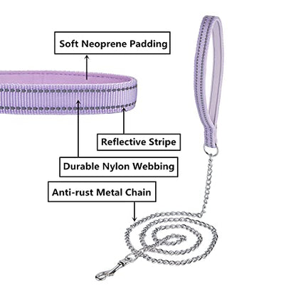Chew Proof Metal Chain Leash,Nylon Handle with Soft Neoprene Padding and Reflective Stripe for Small Dogs.(S, Purple Handle) - color: Reflective Purple, size: Small