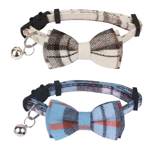 ADOGGYGO Plaid Cat Collars Breakaway with Bow Bell, Removable Bowtie, 2 Pack Beige Blue Plaid Kitten Bow Collar for Cats Kittens - color: Beige&Blue-1