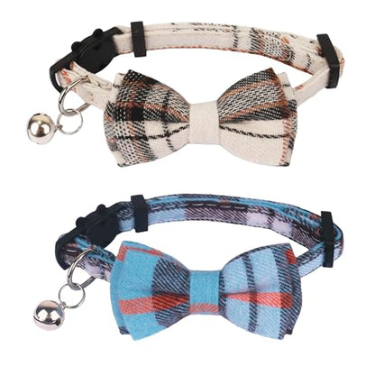 ADOGGYGO Plaid Cat Collars Breakaway with Bow Bell, Removable Bowtie, 2 Pack Beige Blue Plaid Kitten Bow Collar for Cats Kittens - color: Beige&Blue-1