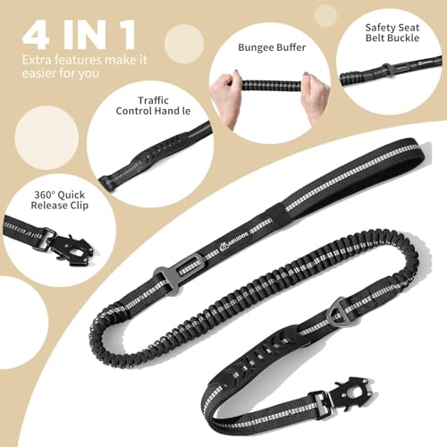 Heavy Duty Tactical Dog Leash, 4-6FT Shock Absorbing Bungee Lead with 2 Padded Handles, Metal Carabiner & Seatbelt Clip, Reflective No-Pull Leash for Medium/Large Dogs Black - color: Black