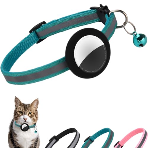 Reflective Cat Collar Fits for AirTag Holder, Breakaway Safety Buckle, Bell & Adjustable Strap for Cats Kittens - Compatible with Apple AirTag, Anti-Lost Pet Tracker Collar,Teal - color: Teal