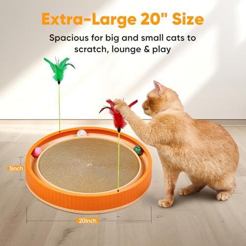 Extra-Large Round Cat Scratcher Bed with Ball Track – 3-in-1 Circular Cardboard Scratching Pad with Feather Toys – Interactive Cat Toy Round Track for Large Breeds Like Maine Coons (Orange) - color: Orange