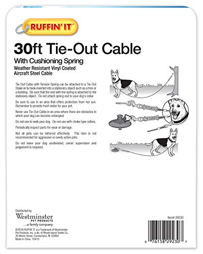 Ruffin' IT Heavy Duty 30 ft. Cable Tie-Out for Dogs, 1700# Strength for Dogs Up to 100 lbs., 30ft Cable, Mutli