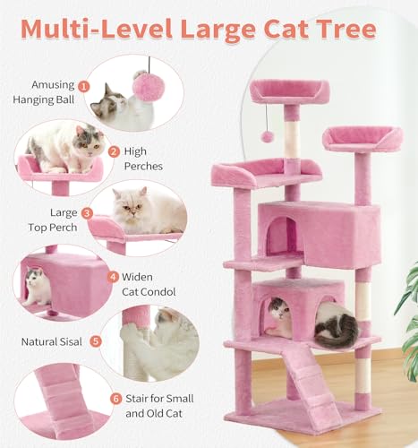Made4Pets Cat Tree Tower 56" Cat Tower for Indoor Cats Kitten Tree Multi-Level Cat Tree with 2 Condo Furniture Activity Center with Scratching Posts Funny Toys (Pink) - color: Pink