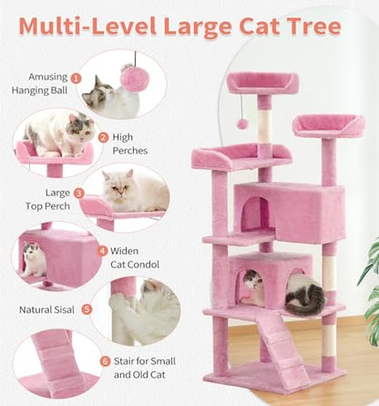 Made4Pets Cat Tree Tower 56" Cat Tower for Indoor Cats Kitten Tree Multi-Level Cat Tree with 2 Condo Furniture Activity Center with Scratching Posts Funny Toys (Pink) - color: Pink