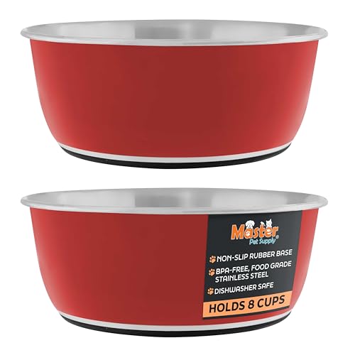 Master Pet Supply Stainless Steel Dog Bowls Set of 2 (64 Oz Each) with Non-Slip Rubber Base - Crimson Flame - Basic Dog Food Bowl Water & Food Bowls for Small Medium Large Dogs & Cats, Metal Dish - color: Crimson Flame, size: 8 Cups (64 oz) 2 Pack