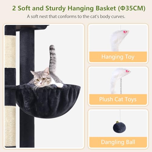 Globlazer 72in Heavy Duty Cat Tree Tower for Large Adult Cats, Multi-Level Cat Condo Stand with 2 Cozy Baskets & 6 Sisal Scratching Posts, S72E, Dark Grey - color: Dark Grey