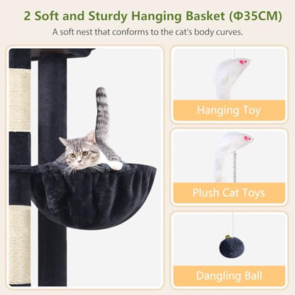 Globlazer 72in Heavy Duty Cat Tree Tower for Large Adult Cats, Multi-Level Cat Condo Stand with 2 Cozy Baskets & 6 Sisal Scratching Posts, S72E, Dark Grey - color: Dark Grey