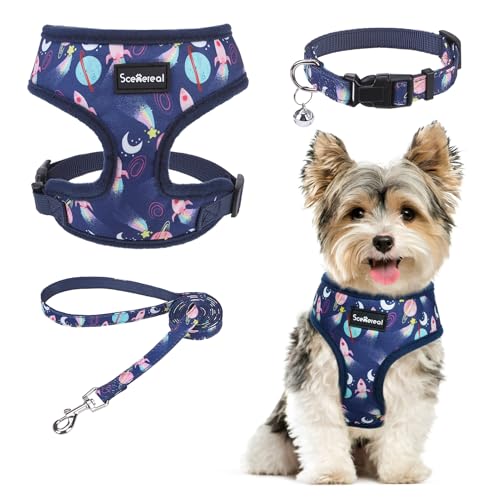 SCENEREAL Small Dog Harness Collar and Leash Set, Adjustable No Pull Pet Harnesses, No Chock Soft Mesh Vest for Doggie Puppy Medium Dogs Cats Girl or Boy,Chihuahua, Yorkie, Outdoor Walking - color: Navy-Starry Night (With Collar), size: XS: Chest Girth: 1