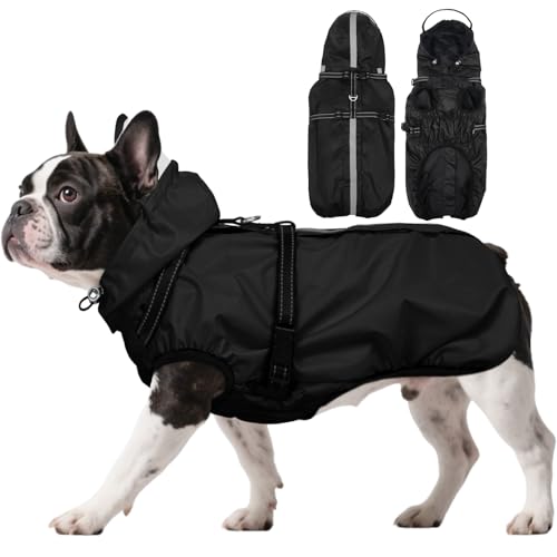 Dog Raincoat for Medium Dogs, Dog Rain Jacket with Adjustable Built-in Harness & Back Zipper, Reflective Strip, Removable Hood, for Rainy Walks, Muddy Roads or After-Bath Outings - Black M - color: Black, size: Medium