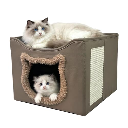 Cat Beds for Indoor Cats, Large Cat Houses with Cozy Condo,with Premium Tech Fabric& Scratch Pad, Round Window, Foldable Indoor Cat House Hold Up to 30LBS, with Reversible Cushion for Multi Small Pet - color: Brown