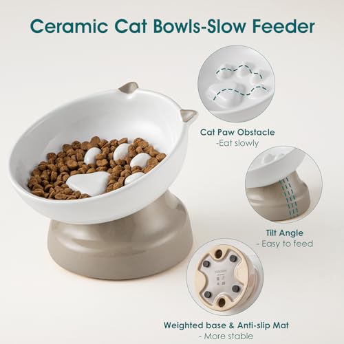 vancasso Ceramic Elevated Slow Feeder Cat Bowls,Slow Feeder Elevated Cat Bowl Wet Food, Raised Cats Bowl for Indoor Cats (Grey) - color: Grey
