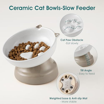 vancasso Ceramic Elevated Slow Feeder Cat Bowls,Slow Feeder Elevated Cat Bowl Wet Food, Raised Cats Bowl for Indoor Cats (Grey) - color: Grey