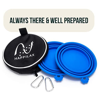 Travel Dog Bowl Set - 2 Foldable Silicone Food and Water Bowls with Carabiners and Bag - Collapsible Feeding Bowls for Wet and Dry Food - 680ml Capacity - Available in Black and Blue